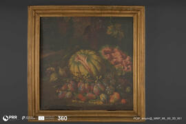 Natureza-morta c/ uvas, figos, peras e melância numa paisagem