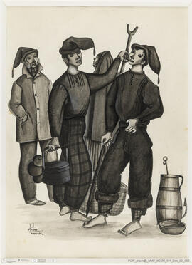 Pescadores em traje de trabalho e apetrechos