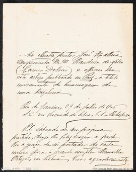 Carta manuscrita, da parte de Madame Bandeira de Mello (Carmen Dolores) dirigida a José Malhoa