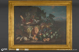 Natureza-morta c/ frutos, doces, licores e pássaros numa paisagem