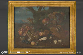 Natureza-morta c/ frutos, cesto e pássaros numa paisagem