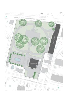 Representação esquemática da Casa Allen, assinalando-se o acesso para cargas e descargas do arquivo
