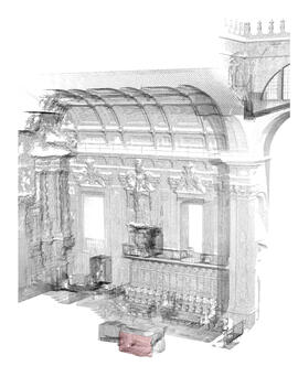 Corte longitudinal da capela-mor evidenciando a cripta sob o pavimento