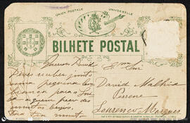 Postal manuscrito por Júlia Malhoa dirigido a David Malhoa Pessene