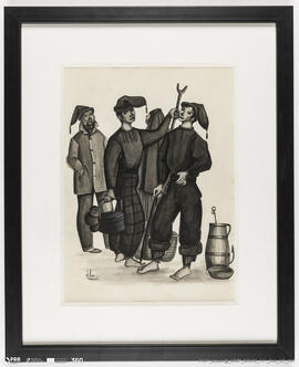 Pescadores em traje de trabalho e apetrechos