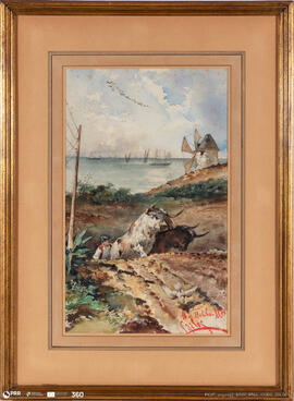 Paisagem com uma junta de bois, moinho e mar