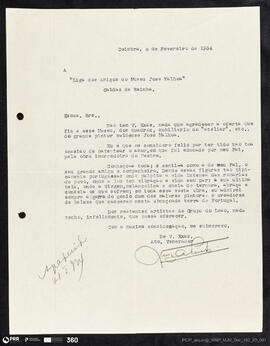 Carta de Luiz A. Pinto dactilografada, dirigida à Liga dos Amigos do Museu José Malhoa
