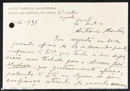 Cartão timbrado de Luís Varela Aldemira