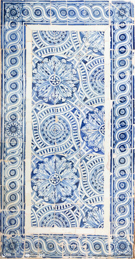 Azulejo padrão plátano azul e branco