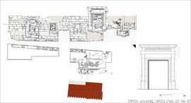 Levantamento parcial da parede sul do claustro, plano e reconstituição do piso do século XV e da ...