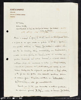 Carta em papel impresso de José Campas - Atelier - Villa – L. Taipas – Lisboa – Martel