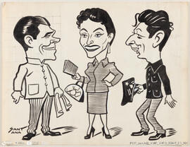 Caricatura de Barroso Lopes,Anne Nicolas e Oswaldo Lousada na Revista Ó Zé Aperta o Laço / Compan...